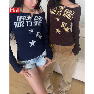 Calem.Club - Áo lệch vai nữ LIBRE ET 07 vải thun xược co giãn nhẹ mặc thoải mái, họa tiết chữ in phối cúc form basic