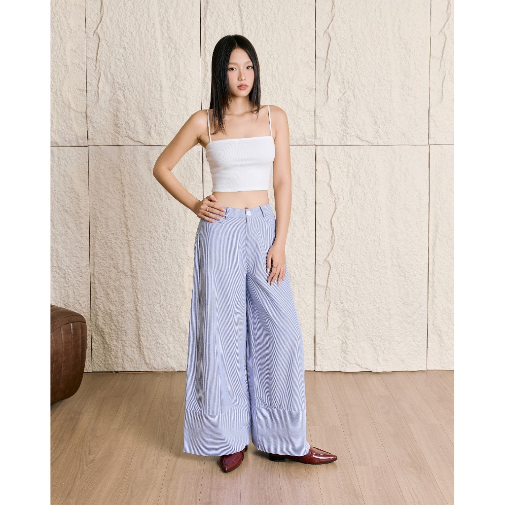 กางเกงขากว้างผู้หญิง THE CU กางเกงผ้าฝ้ายลายทางเอวสูงทรงตรง – Daxen Pants