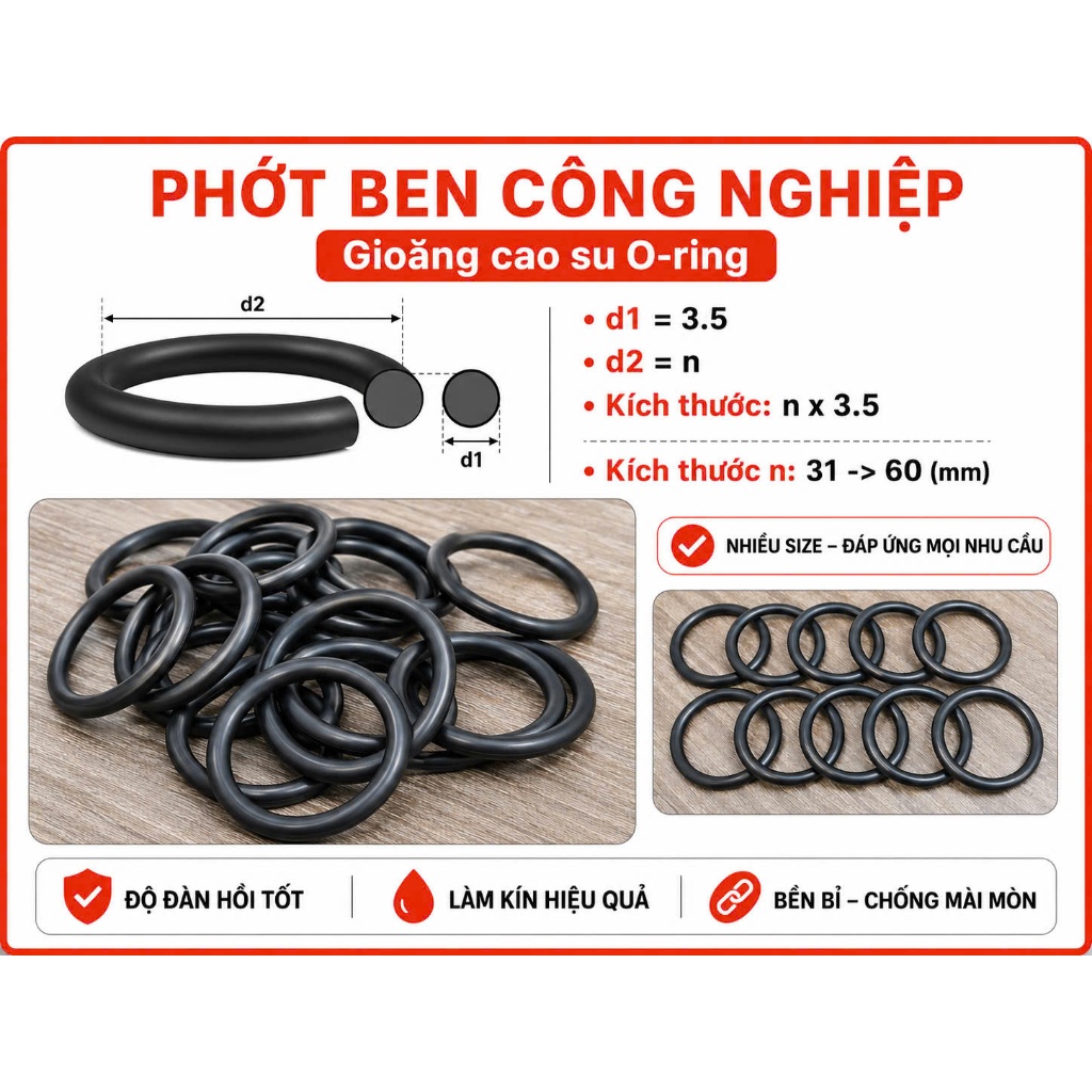 SOFT 3.5MM O-RING RUBBER GASKET SIZE IN 31MM - 60MM