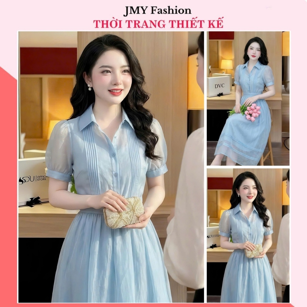 (FIRE) DS8244 เดรสสีฟ้าบานยาวคอปกเชิ้ตและดีไซน์เอว สํานักงาน DVC ของแท้