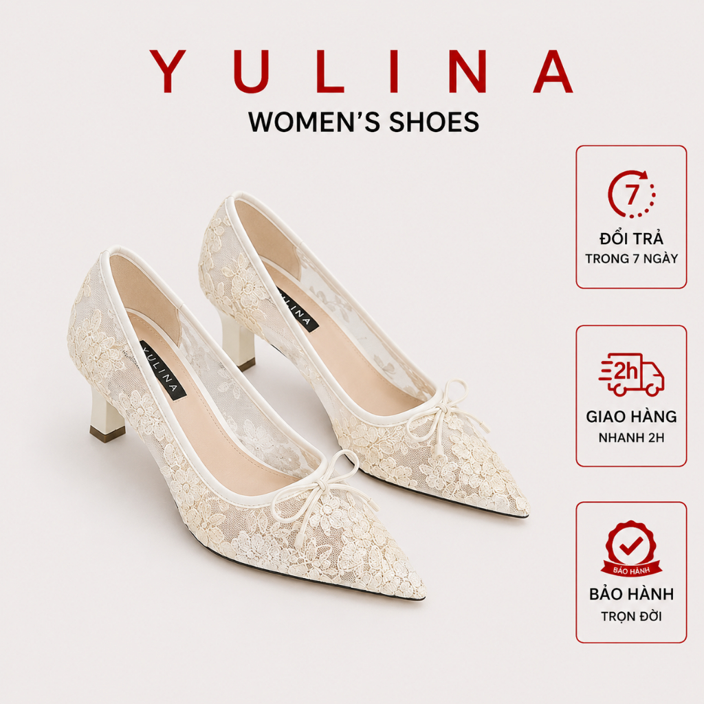 YULINA - รองเท้าส้นสูง Tuyet Le ส้นแหลม 7p- R7- รองเท้าลูกไม้ปักตาข่ายปลายแหลมและผูกโบว์ hottrend