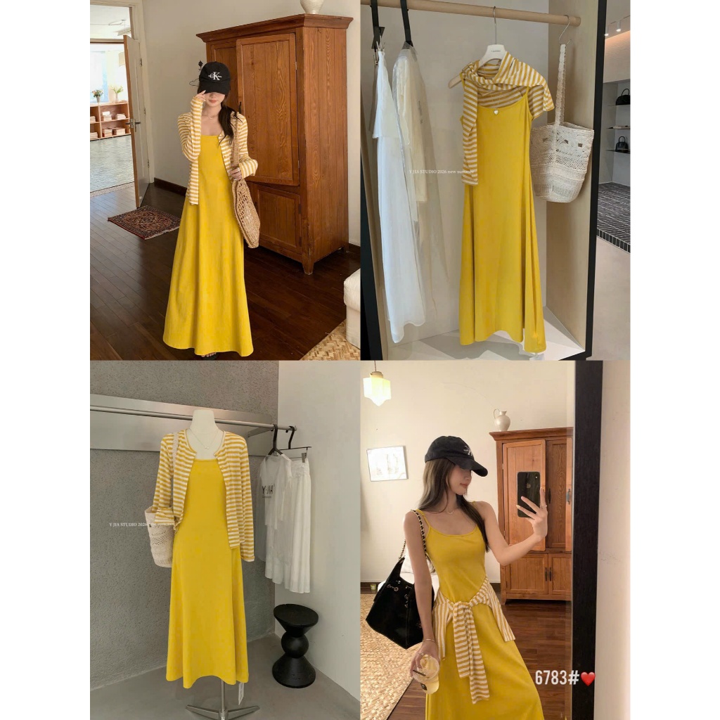 Y JIA Set กระโปรง 2 สาย คาร์ดิแกนลายทางสีเหลืองสุก 6783 Y JIA สินค้า QC ไซส์ SM