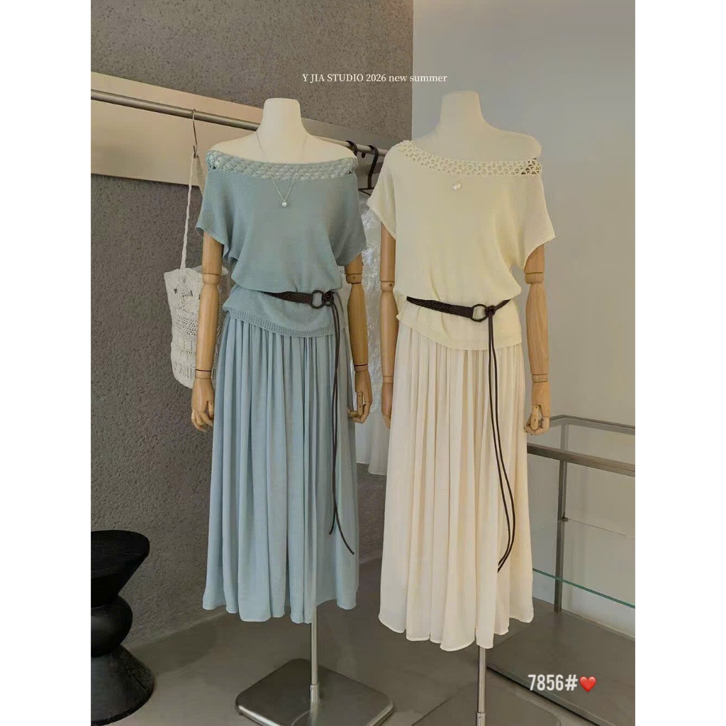 Y JIA Set mtg เสื้อลูกไม้และกระโปรงยาวพร้อมเข็มขัด 7856 Y JIA QC สินค้าฟรีไซส์