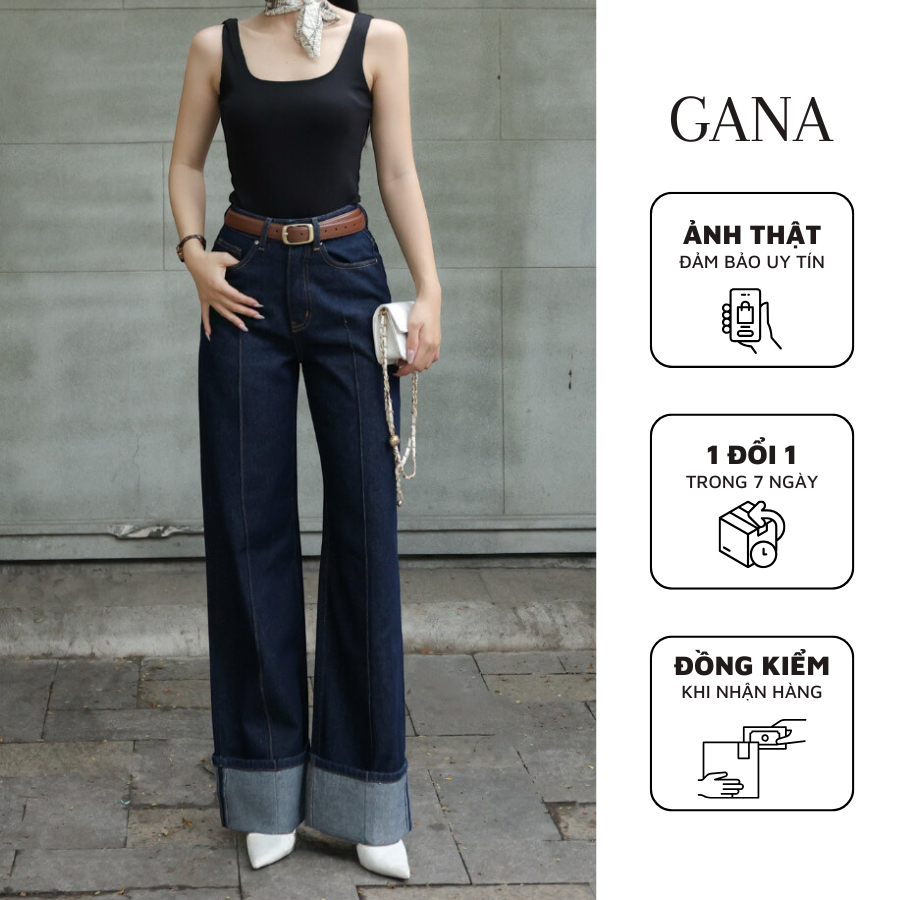 กางเกงยีนส์ขาตรงผู้หญิงแบบพับเอวสูงกางเกงยีนส์คุณภาพสูงแบบแบน Gana Clothing GQ020