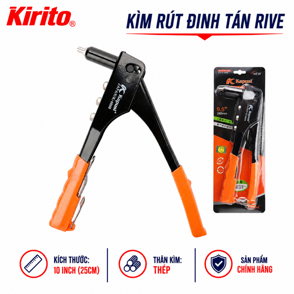 Rive KAPUSI K-6800 คีมหมุดย้ํา 10 นิ้ว (25 ซม.) ญี่ปุ่น - คีมกด Rive 2.4 มม., 3.2 มม., 4 มม., 4.8 มม