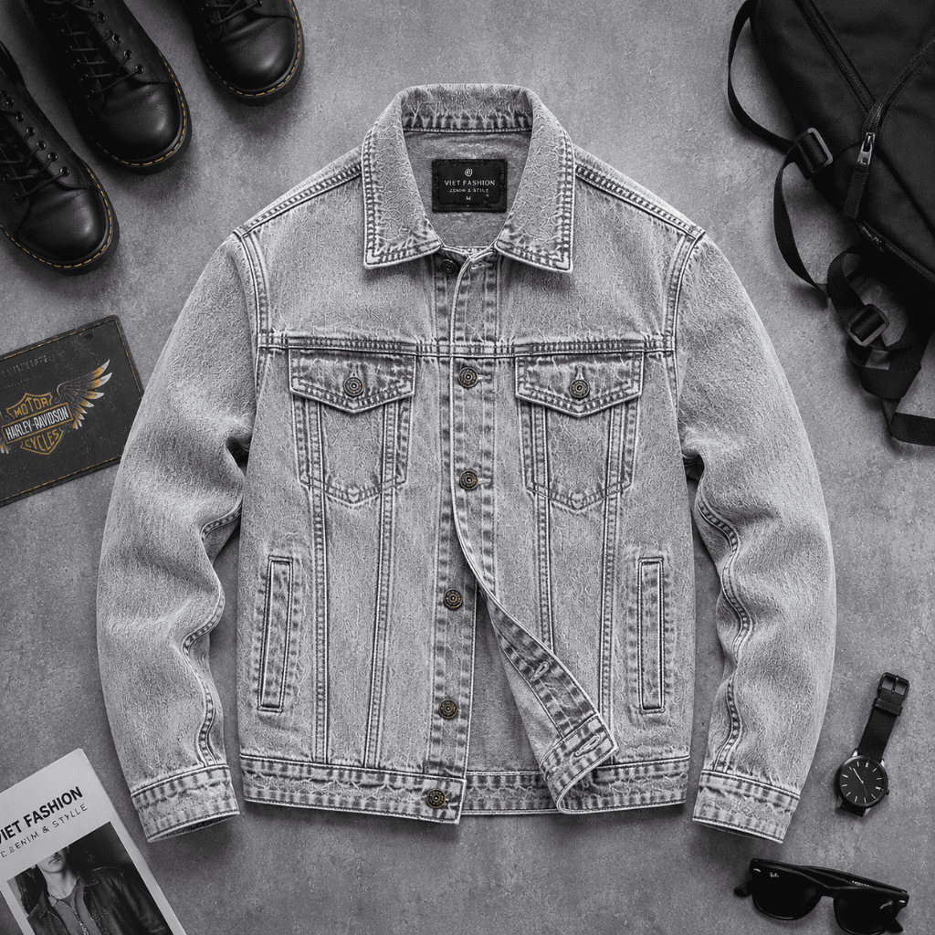 Silver Grey Mens Jean Jacket Loose Form Unisex High Quality Denim สไตล์เกาหลี EM XINH SHOP