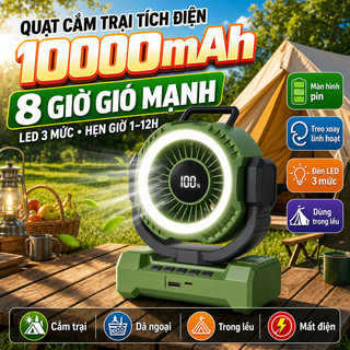 Qimedo Quạt Cắm Trại Tích Điện 10000mAh, Đèn LED 3 Mức, Hẹn Giờ 1-12H, Màn Hình Pin, Treo Xoay 240°