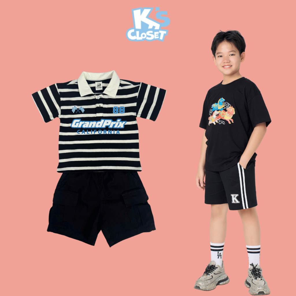 Combo 2 เสื้อ (แขนสั้น + โปโล) KS CLOSET ผ้าคอตตอนใส่สบายสําหรับเด็กผู้ชาย (2-14 ปี) จาก 11kg-60kg C