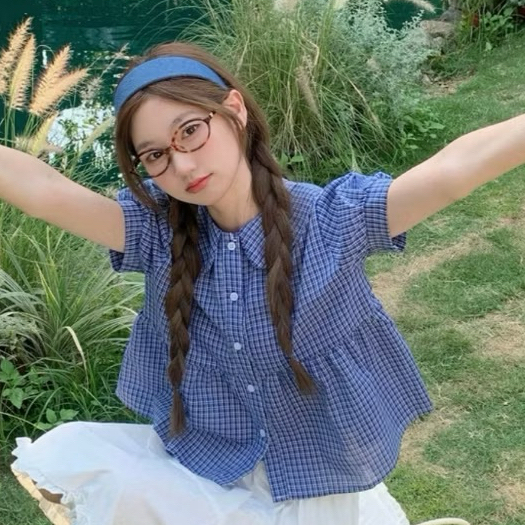 เสื้อเชิ้ต เบบี้ดอลล์ คอปกระบายลายหมากรุกสําหรับผู้หญิงสําหรับออกไปข้างนอกในโรงเรียน ชม. SMR40