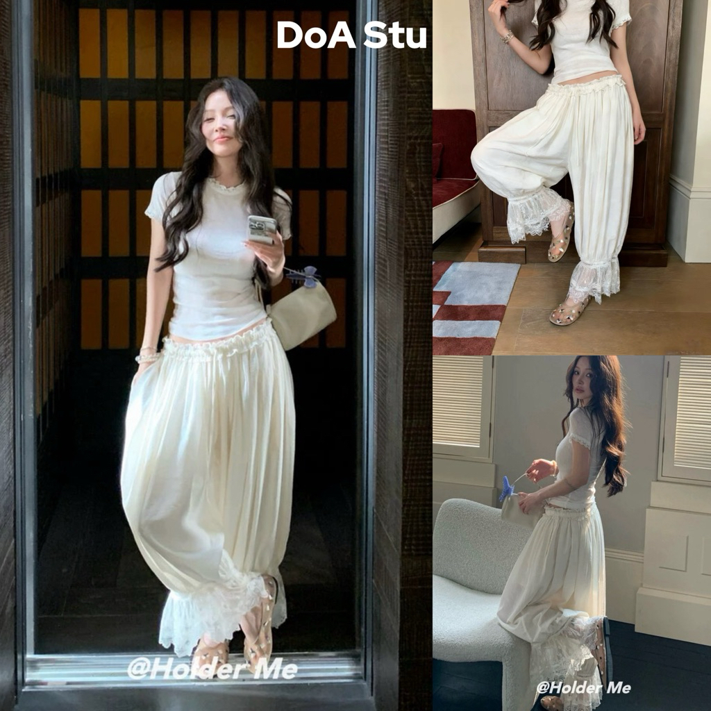 ชุดกางเกงขากว้าง Q16 สําหรับสวมใส่เย็น DoA Stu กับ Baby Tee AH13 ลูกไม้ Trim Slim Fit