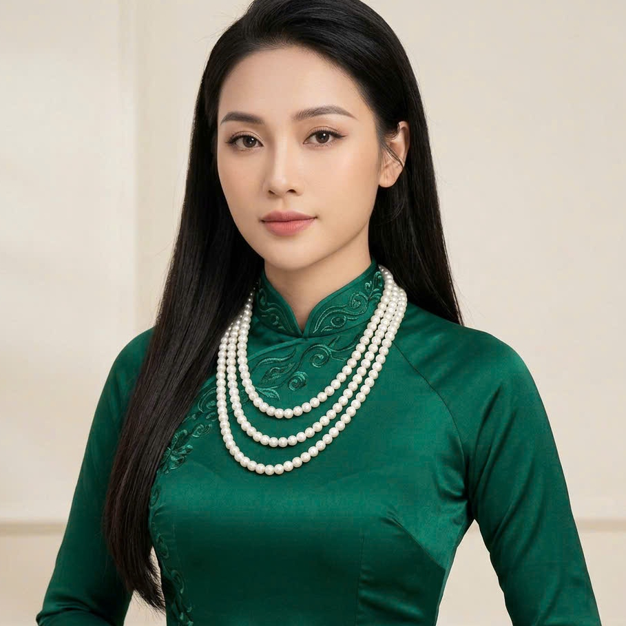 [พรีเมี่ยม] สร้อยคอมุกเทียมพร้อมลูกปัด 8 มม. 3 ชั้นรวมกันด้วย Ao Dai หรูหรา