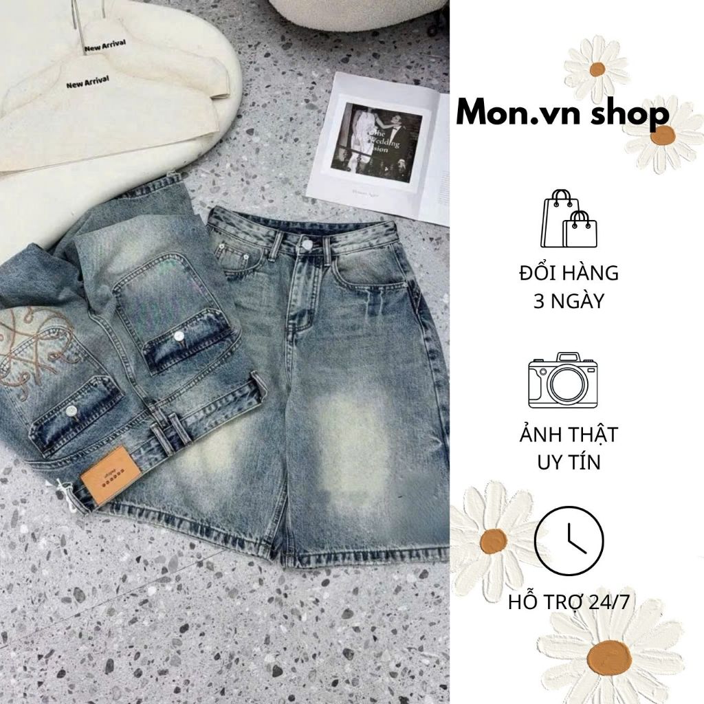 QCL1 Mon shop กางเกงยีนส์ยาวปานกลางปักลายกระเป๋า