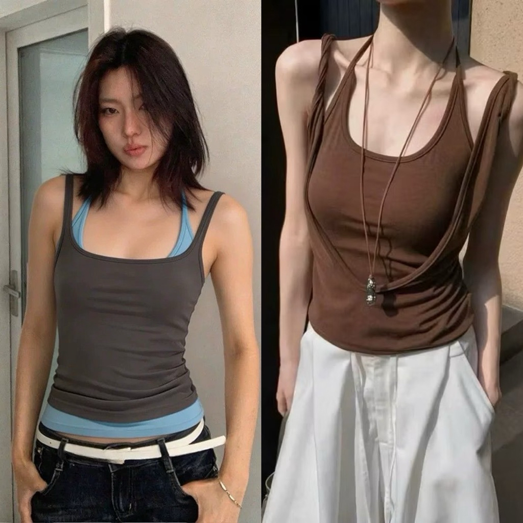 (มีของ) เสื้อกล้ามชั้นสีน้ําตาลแฟชั่นสตรีสายบิดและผ้าคอตตอนชั้นๆ ASN077 - เท่านั้น