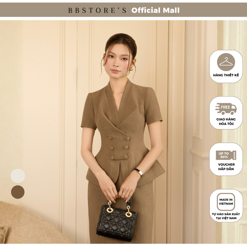 BBSTORES V คอ Peplum Cross Cotton Office Blouse - AAF25B - Office Straight Skirt with Back Split - V