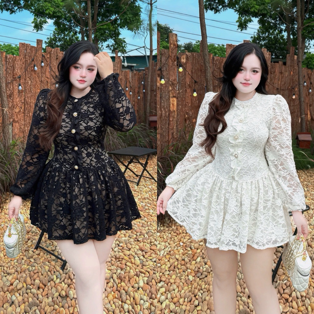 เดรสลูกไม้ระบายแขนยาว 60-90kg L XL XXL QUNH NHU BIG SIZE