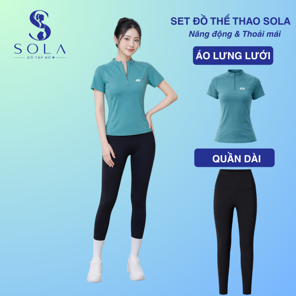 ชุดออกกําลังกายผู้หญิงแขนสั้นซิปคอปกกีฬา 4-Way ยืด Breathable Slim Fit SolaFit 2235