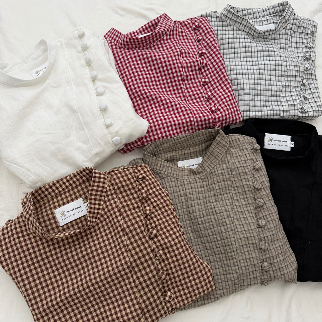 SASHI TOP - DEROSE สไตล์เสื้อด้านข้างห่อปุ่มไหล่พัฟแขนน่ารัก Lace-up กลับเสื้อผู้หญิงเสื้อผู้หญิง