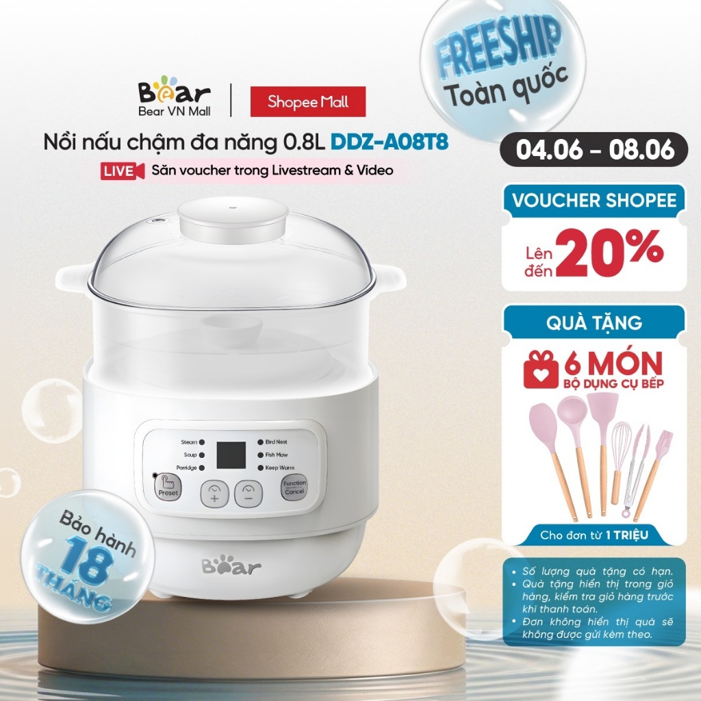Bear DDZ-A08T8 หม้อตุ๋นมัลติฟังก์ชั่น 0.8L - สินค้าของแท้