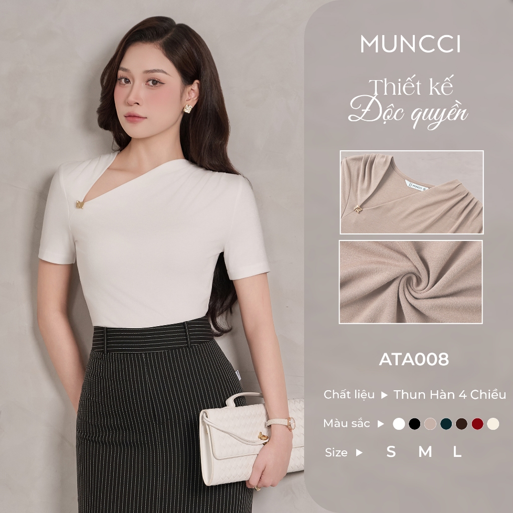 เสื้อยืดคอปกไขว้สําหรับผู้หญิง MUNCCI พร้อมปุ่มสีทองสุดหรู วัสดุยืดหยุ่นเชื่อมยืด 4 ทิศทาง สไตล์สําน