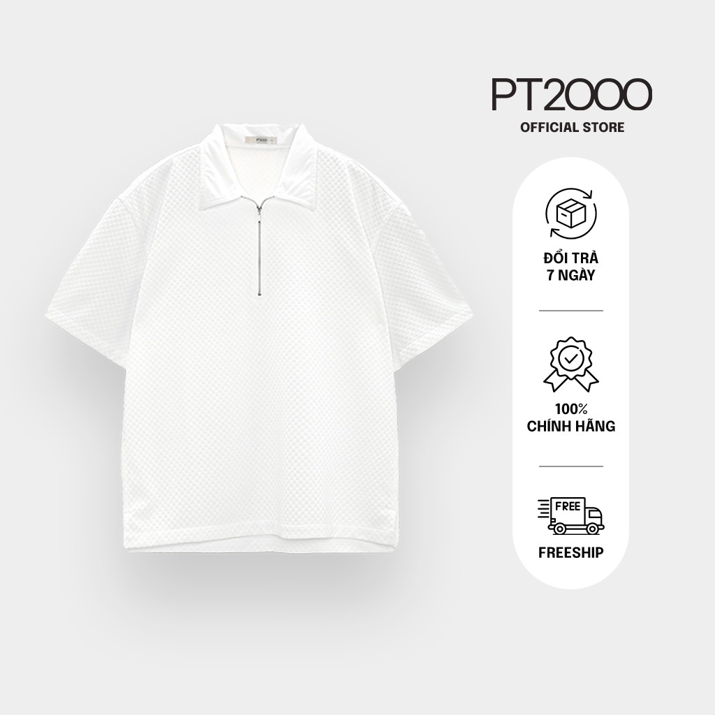 เสื้อเชิ้ตแขนสั้นผู้ชายทรงหลวม PT2000 ซิปเฉพาะที่คอปก ผ้าคอตตอนเท่ๆ (SMM-M108)