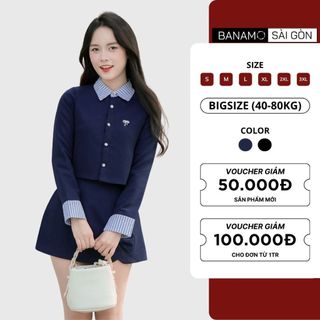 Set đồ nữ BIGSIZE Banamo Sài Gòn áo sơ mi dài tay phối cổ kẻ sọc xanh mix chân váy chữ A đính nơ dáng xoè Hàn Quốc 1900