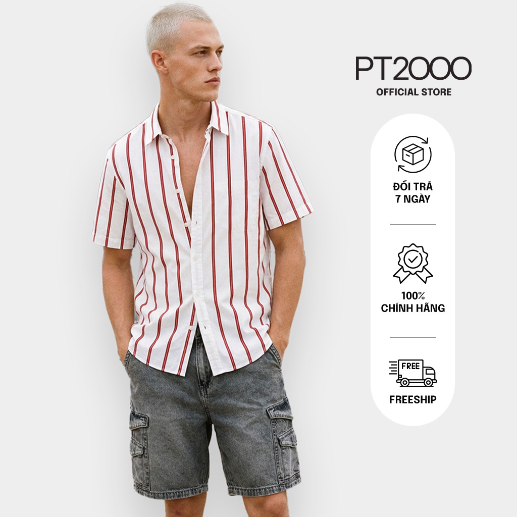 เสื้อเชิ้ตแขนสั้นผู้ชายลายทาง PT2000 ทรงปกติ ผ้าคอตตอนเท่ๆ (SMM-N949)