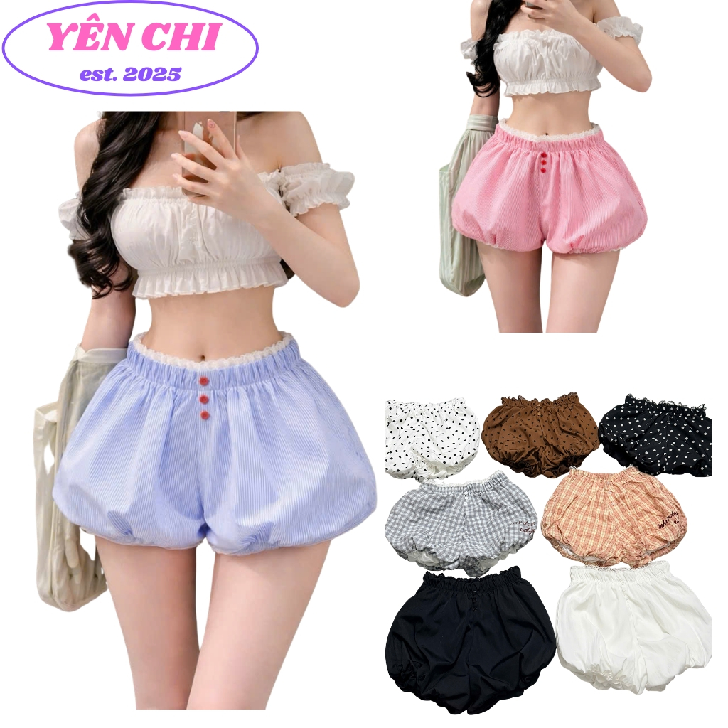 Y2K YEN CHI Y2K YEN CHI สไตล์ Y2K YEN CHI กางเกงขาสั้นเอวยางยืดพองๆ กางเกงขาสั้นผ้าลายทาง