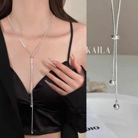 ‍ ️กานเต้น ‍ ️สร้อยคอเชือกรูดธรรมดายาวพร้อมลูกปัดกลมขนาดปรับด้วยตนเองสร้อยคอผู้หญิงดีไซน์หรูหรา DCR