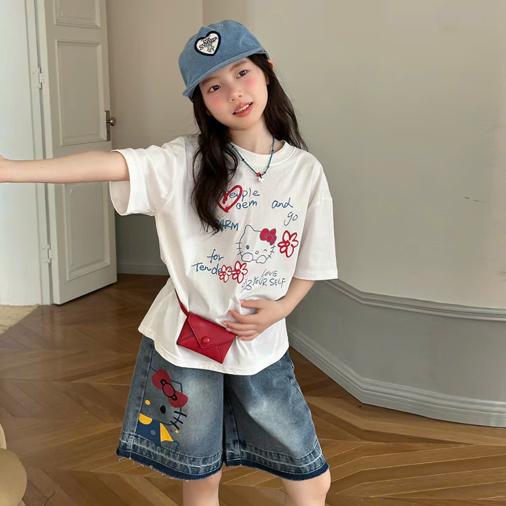 เสื้อยืดแขนสั้นคิตตี้น่ารักสําหรับสาวๆ JULY KID ผ้า4ทางเย็นสวยแท้ขนาดตั้งแต่9-37กิโลกรัม