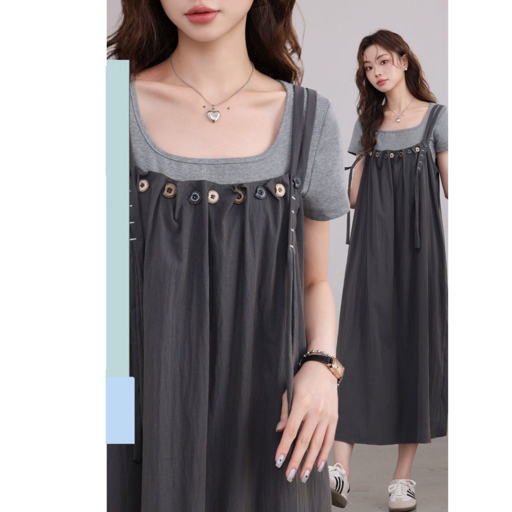 Ord- ชุด 2 รายละเอียด A-shaped haler camisole ปกปิดเสื้อเชิ้ตแขนสั้นสีเทาอ่อนพร้อมยางยืดจั๊ม 4 ฤดู ช