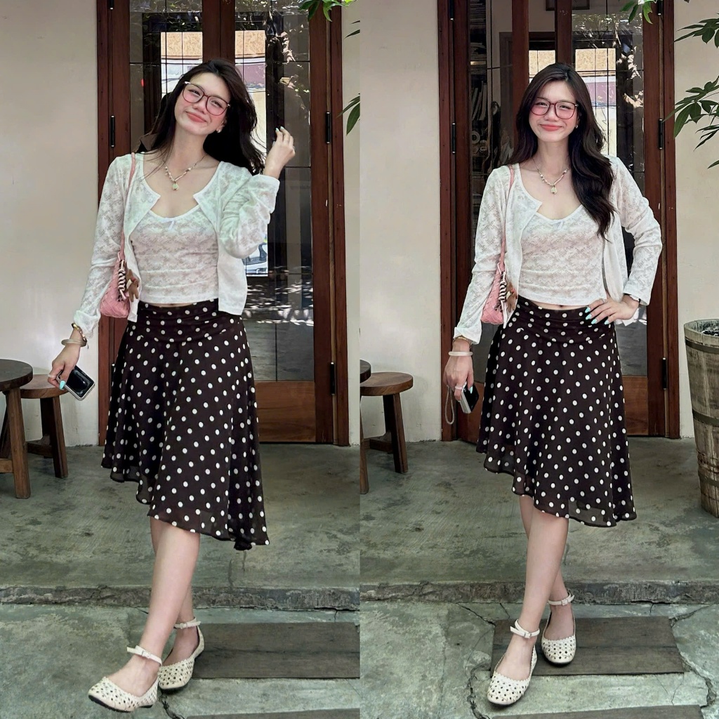 (OLDSCHOOL PHOTO) กระโปรงผ้าไหมลายจุดผู้หญิง CV5656 กระโปรง Camila