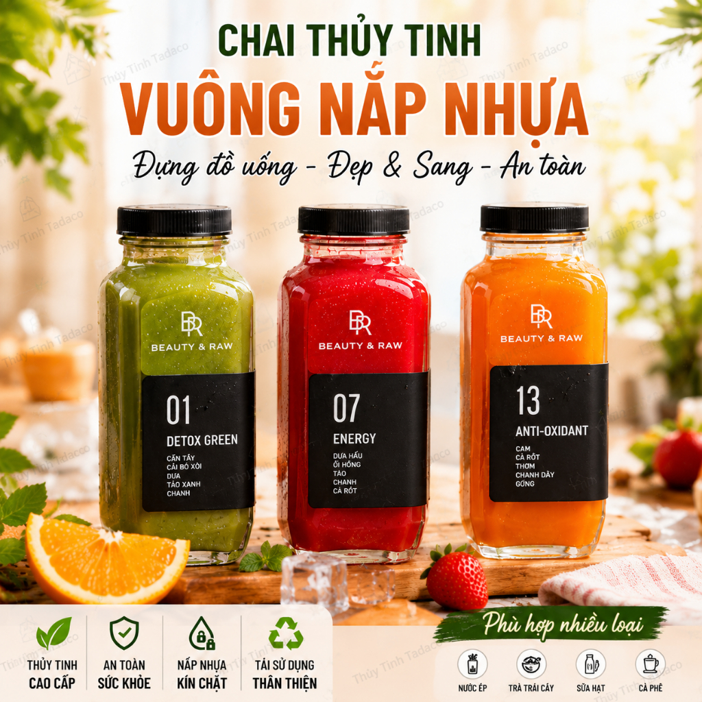[Combo of 6] 500ml ขวดแก้วสี่เหลี่ยมพร้อมชุดฝาพลาสติกป้องกันสนิม