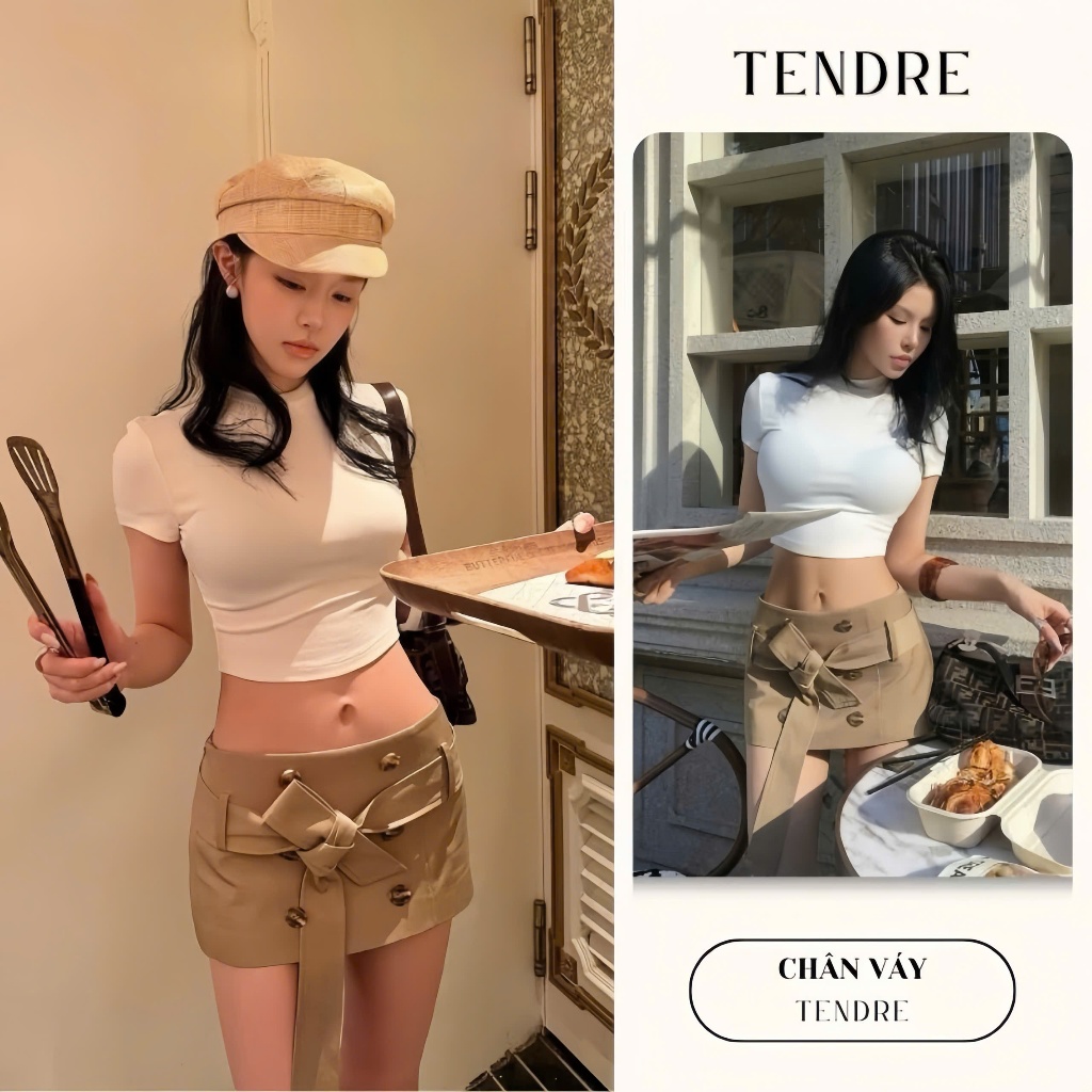 TENDRE - กระโปรงทรงเอสั้นกระดุมคู่และเข็มขัดโบว์ - Y2K Hack กระโปรงสีกากีเนื้อนุ่มสไตล์เกาหลี V38