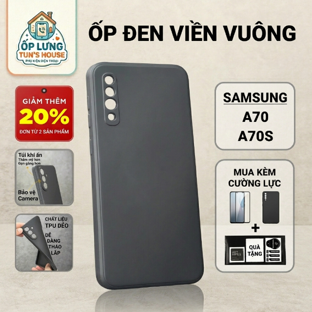 เคส Samsung A70, A70s, เคสทูนสีดําล้วน | เคสโทรศัพท์แบบยืดหยุ่น SS galaxy ปกป้องกล้องโทรศัพท์ Samsun