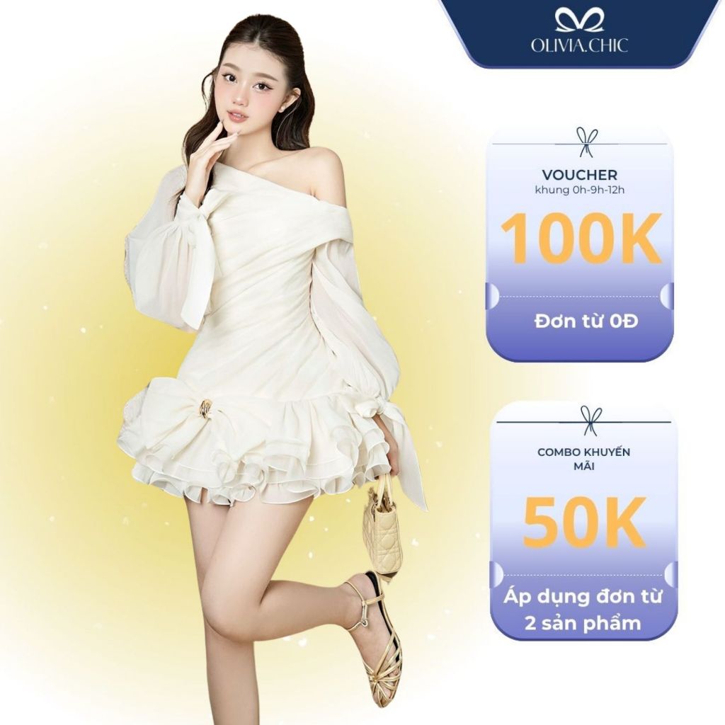 OLIVIA.CHIC หรูหราสั้นเงาผ้าไหมชุด Elegant Off-the-ไหล่แขนยาว Flared Dress V1403
