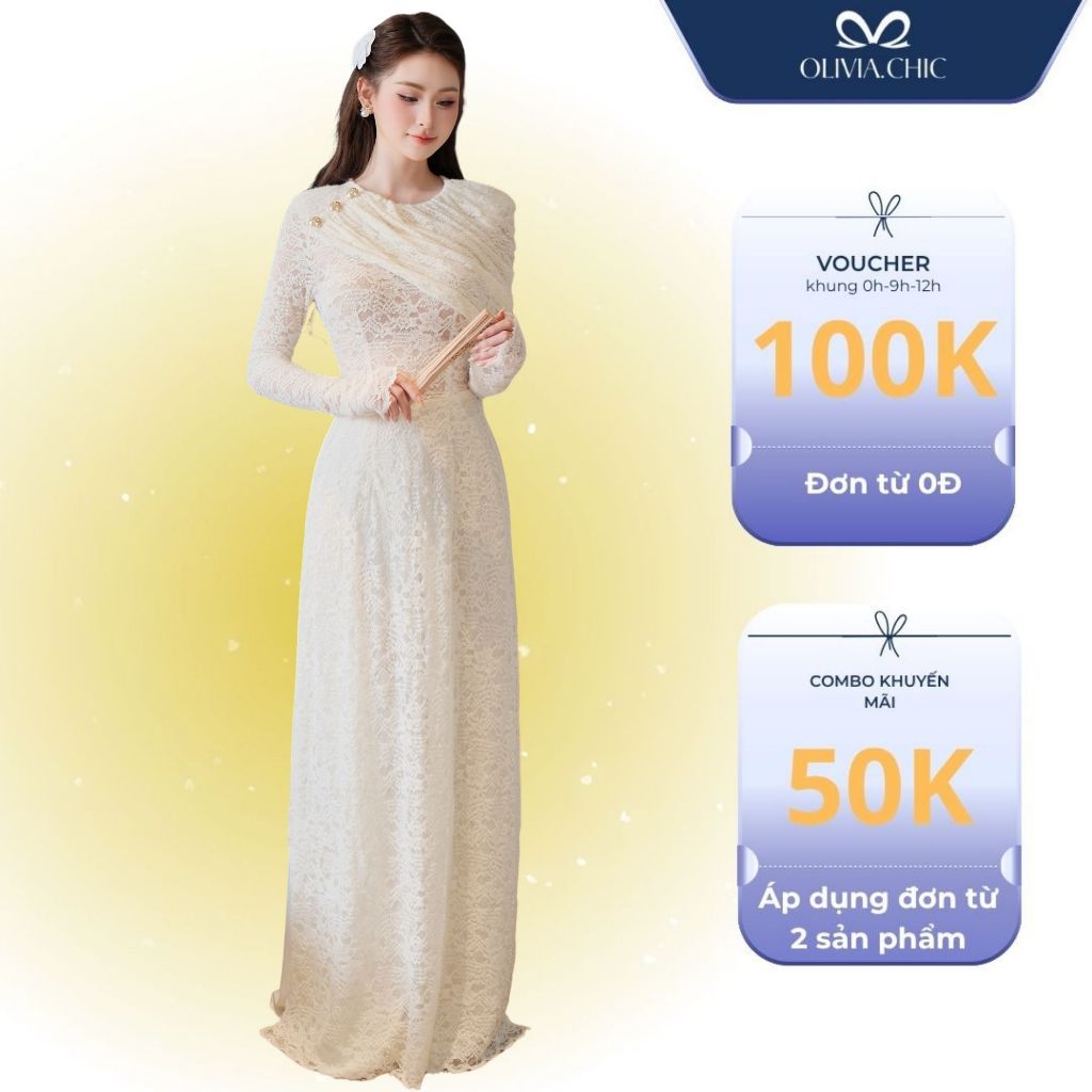 OLIVIA ลูกไม้คุณภาพสูง Ao Dai พร้อมกางเกงผ้าไหม, 1 ชั้นลูกไม้ Ao Dai รอบคอ,ปิดไหล่ Shrug, เอวบาง Fit