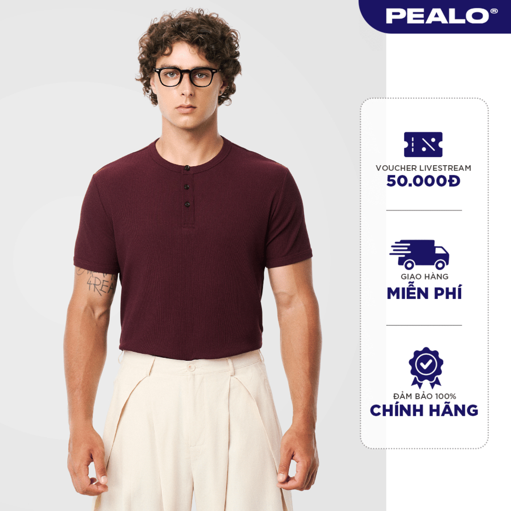 Henley PEALO เสื้อยืดจั๊มคอปกกระดุมเปิด ผู้ชาย วัสดุเท่ๆ SPT4
