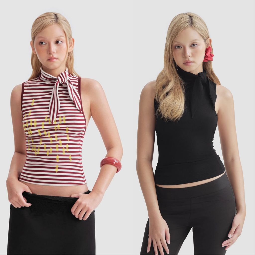เสื้อเชิ้ตสไตล์ Aie jr. TIE ME TOP เสื้อยืดคอปกผูกโบว์ TIE หลังต่ํา สีดํา | ลายทางน้ําตาลลายจุด