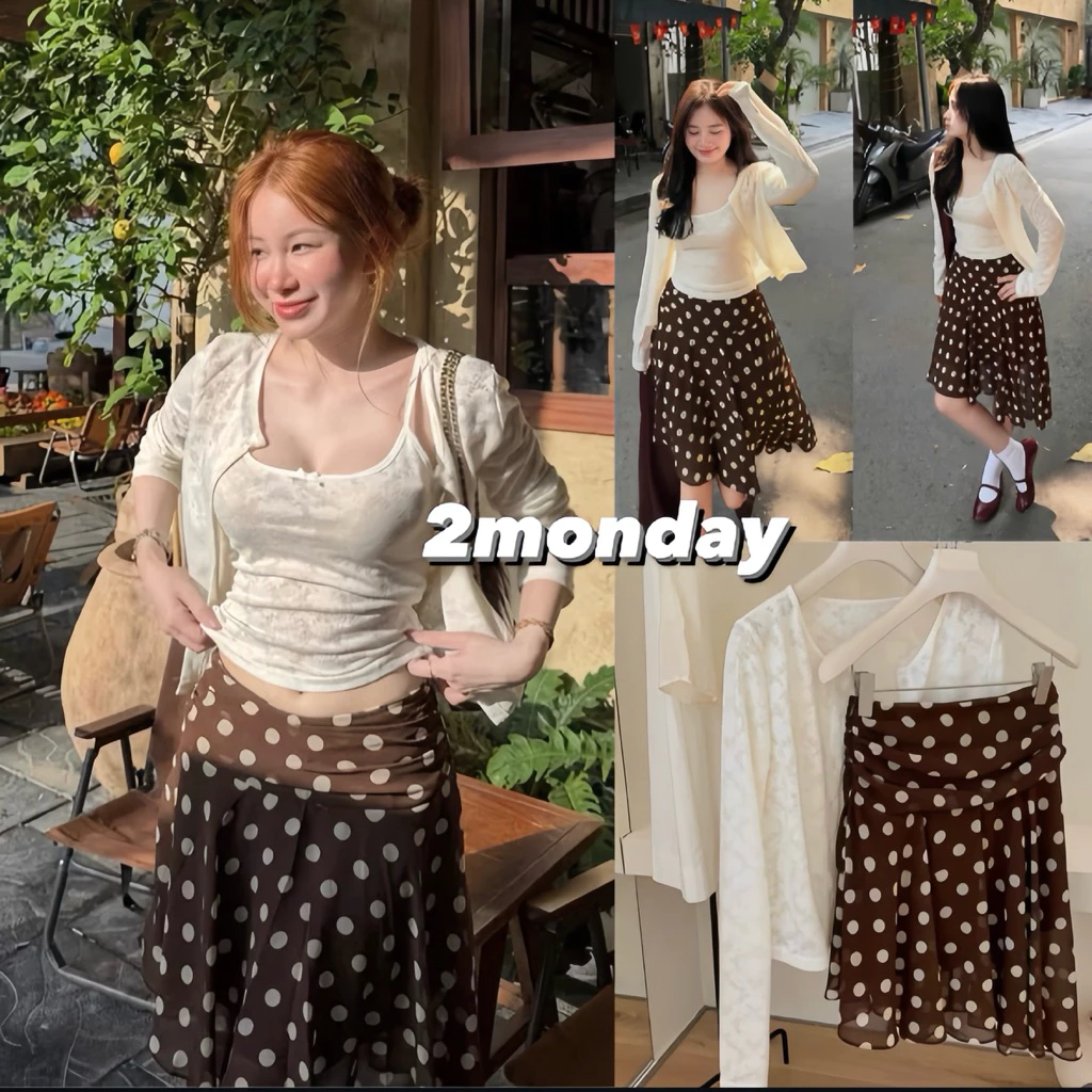 [ITEM 1/READY] ชุด 3 FLOWER LACE TWO-STOP เสื้อพร้อมแจ็คเก็ตผสมสีน้ําตาลPORK SKIRT 2MONDAY S72