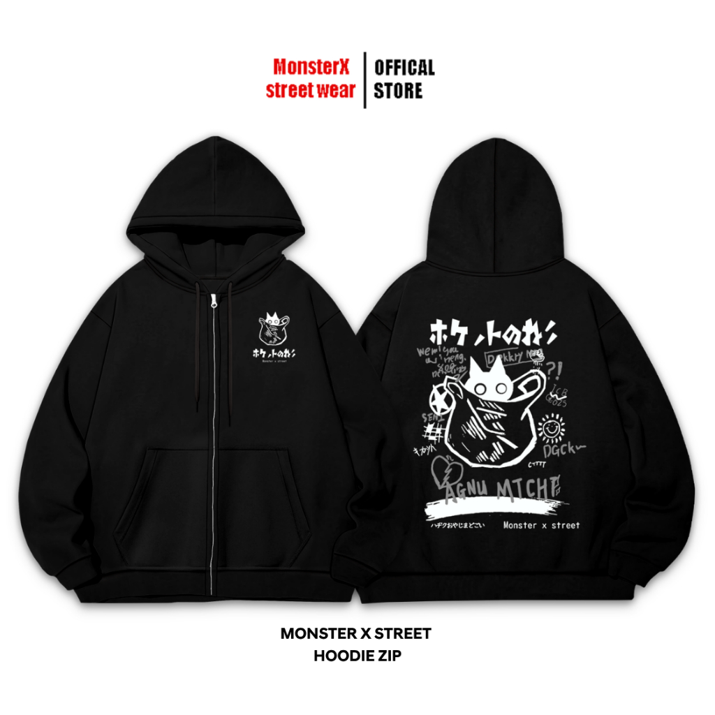 Cat Zip Hoodie Pocket Fleece Jacket MONSTER X STREET Basic Cotton Fleece Jacket สําหรับผู้ชายและผู้ห