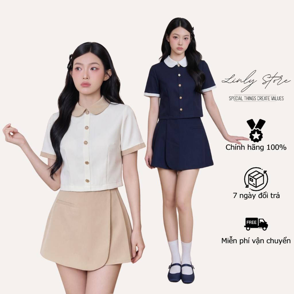 เสื้อเชิ้ตแขนสั้นคอปกบัวหรูหราของผู้หญิง Linly Store A-PC15