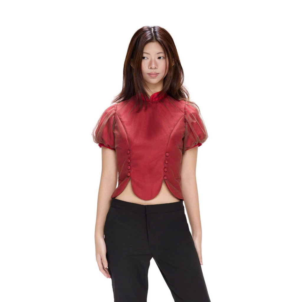 Aie tbsp. ฉันเสียใจ สูงสุด เสื้อตาข่ายชั้นๆ ครอปผ่า แขนพอง คอปกตั้ง