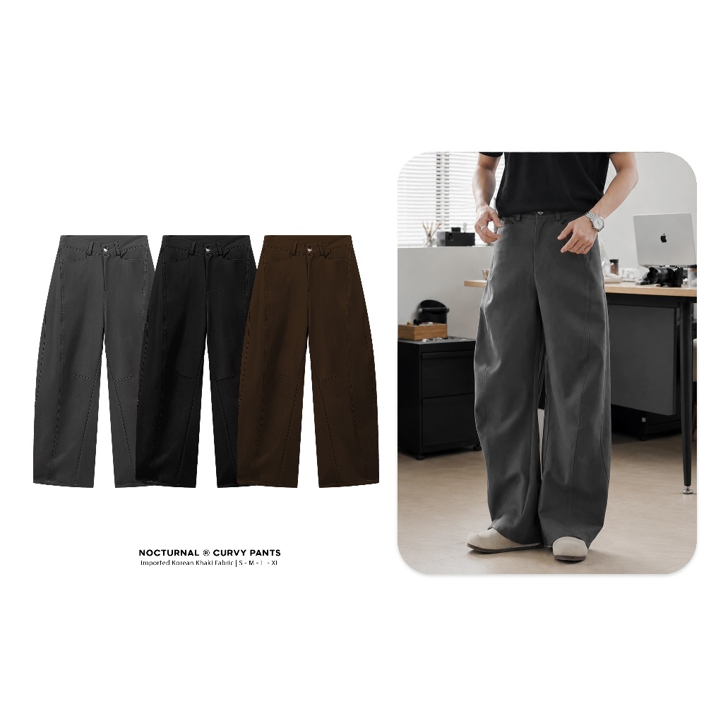 NOCTURNAL Curvy Pants กางเกงโค้งสีกากีสําหรับผู้ชายและผู้หญิง Unisex แบรนด์ท้องถิ่นผ้าฝ้ายคุณภาพสูง