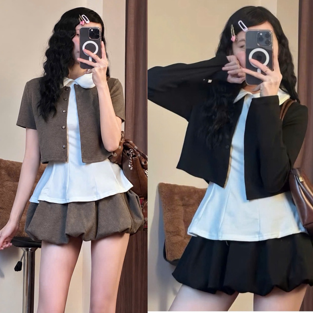 [BIG SIZE FAT CAT] 3-PIECE SET OF LONG-SLEEVE CARDIGAN JACKET - LOTUS COLLAR SHIRT WITH PUMPKIN SKIR