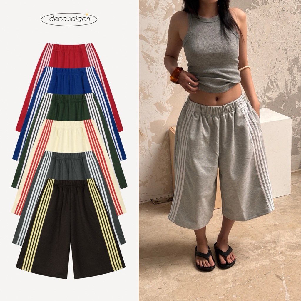 ด่วน ด่วน | กางเกงขาสั้นขากว้าง Unisex 4 แถบ ผ้าสักหลาด 2 ผิว สไตล์ streetwear เท่ๆ - deco.saigon