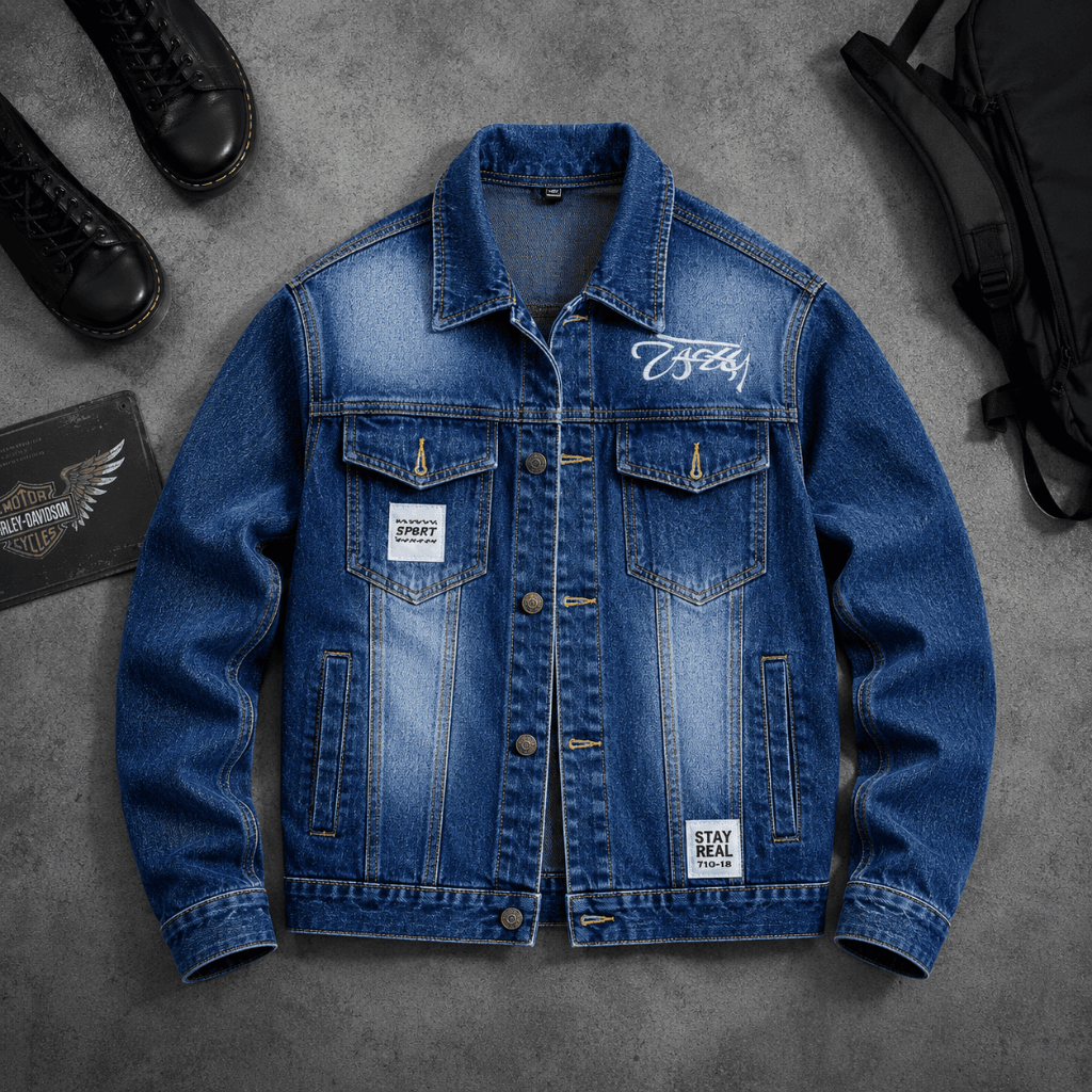 Unisex Jean Jacket สีฟ้าล้างเงินปักกีฬาหลวมรูปแบบบุคลิกภาพ EM XINH SHOP