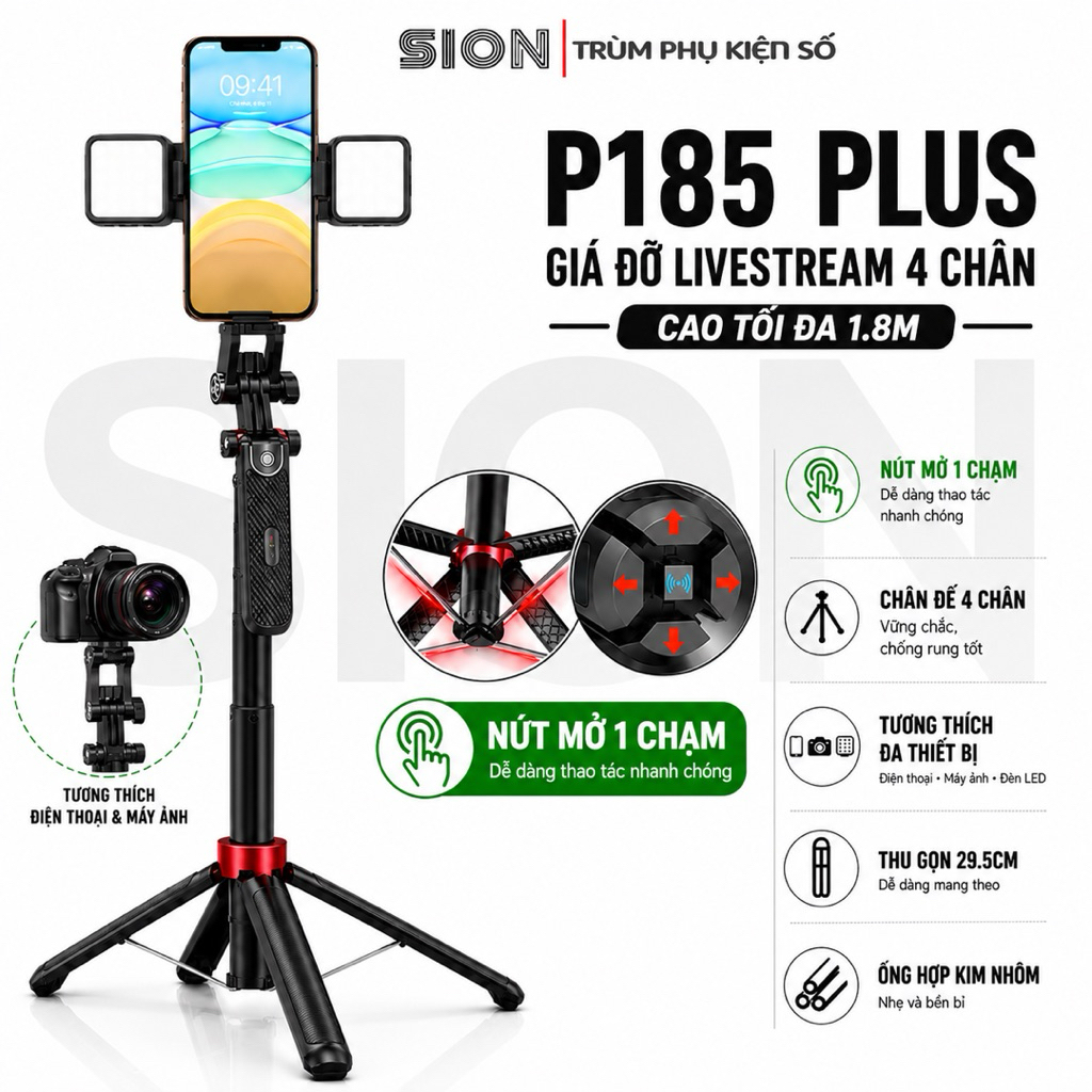 ที่วางโทรศัพท์กล้อง P185 Plus, P185, Q185 Livestream 4 ขา 1.8M สูงพร้อมไฟ LED 2 ดวง, ขาตั้งกล้องสําห