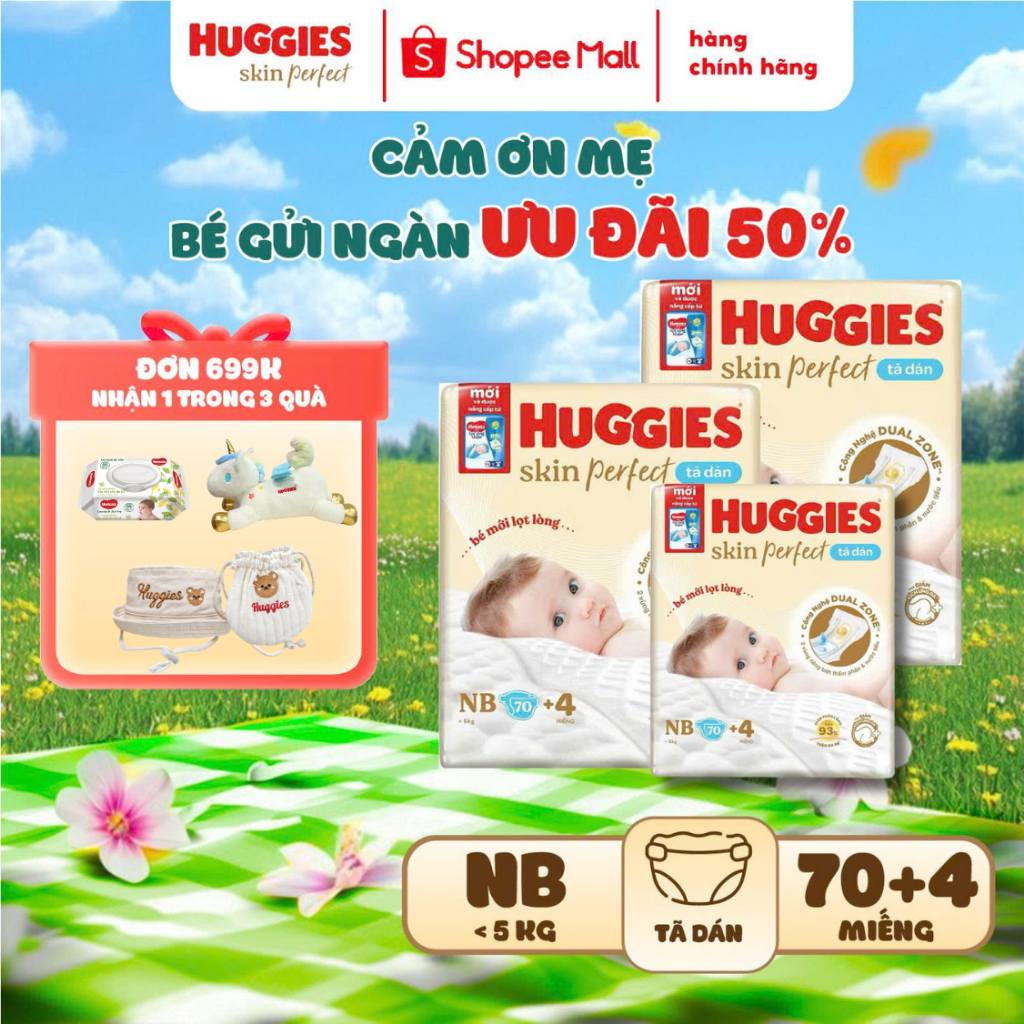 COMBO of 3 Huggies Skin Perfect NB70+4 ผ้าอ้อมนุ่มสําหรับทารกแรกเกิดที่มีสองพื้นที่ดูดซับแยกต่างหากเ