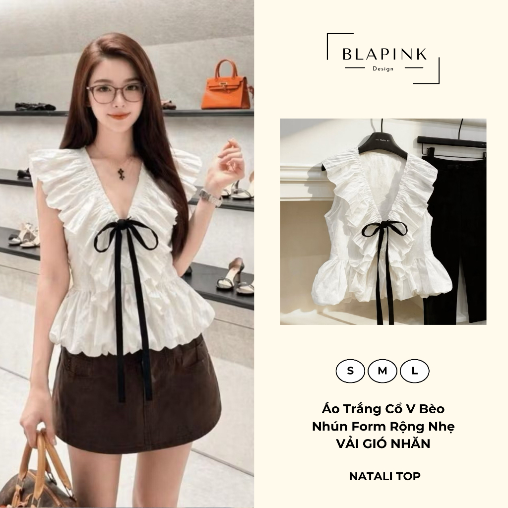 เสื้อเบลาส์ เบบี้ดอลล์ สตรีคอ โวลต์ น่าระทึกใจ หูกระต่ายหลวมแบบบานเกาหลีเลดี้ - นาตาลี ด้านบน