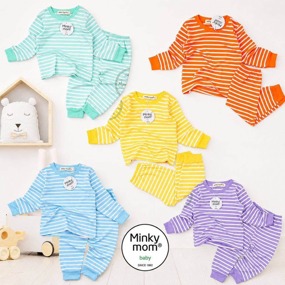 MINKYMOM ชุดแขนยาวผ้ายืดหยุ่นลายทางธรรมดาพร้อมชายเสื้อเอวยางยืด – TD-S03